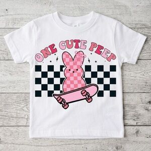 Gildan White Tee with Pink Bunny and Skateboard